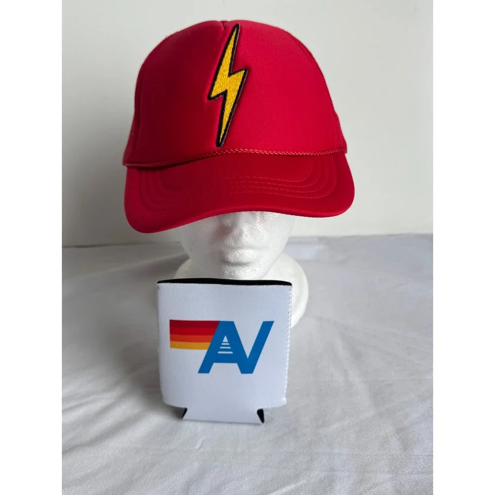 Aviator Nation Red Lightning Bolt Trucker Hat Snapback Cap & AV Koozie Aspen CO